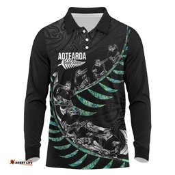 Custom New Zealand Silver Fern Rugby Long Sleeve Polo Shirt Aotearoa Kiwi Maori Pattern LT14