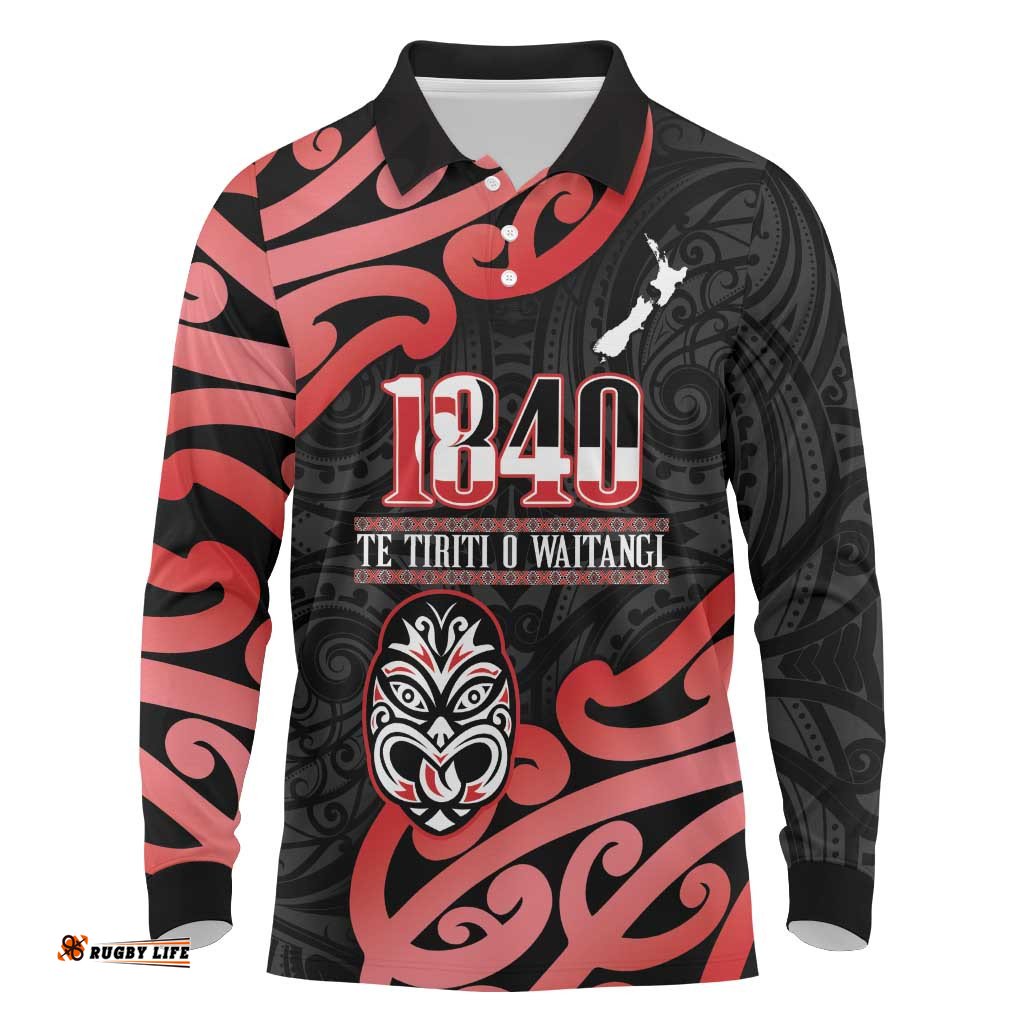 New Zealand 1840 Waitangi Day Long Sleeve Polo Shirt Aotearoa Haka Mask - Red Version LT14