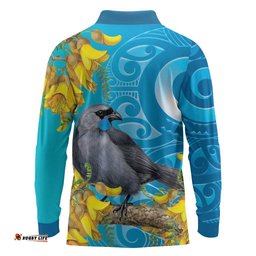 New Zealand Kokako Bird Long Sleeve Polo Shirt Maori Koru With Kowhai Flowers LT05