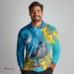 New Zealand Kokako Bird Long Sleeve Polo Shirt Maori Koru With Kowhai Flowers LT05