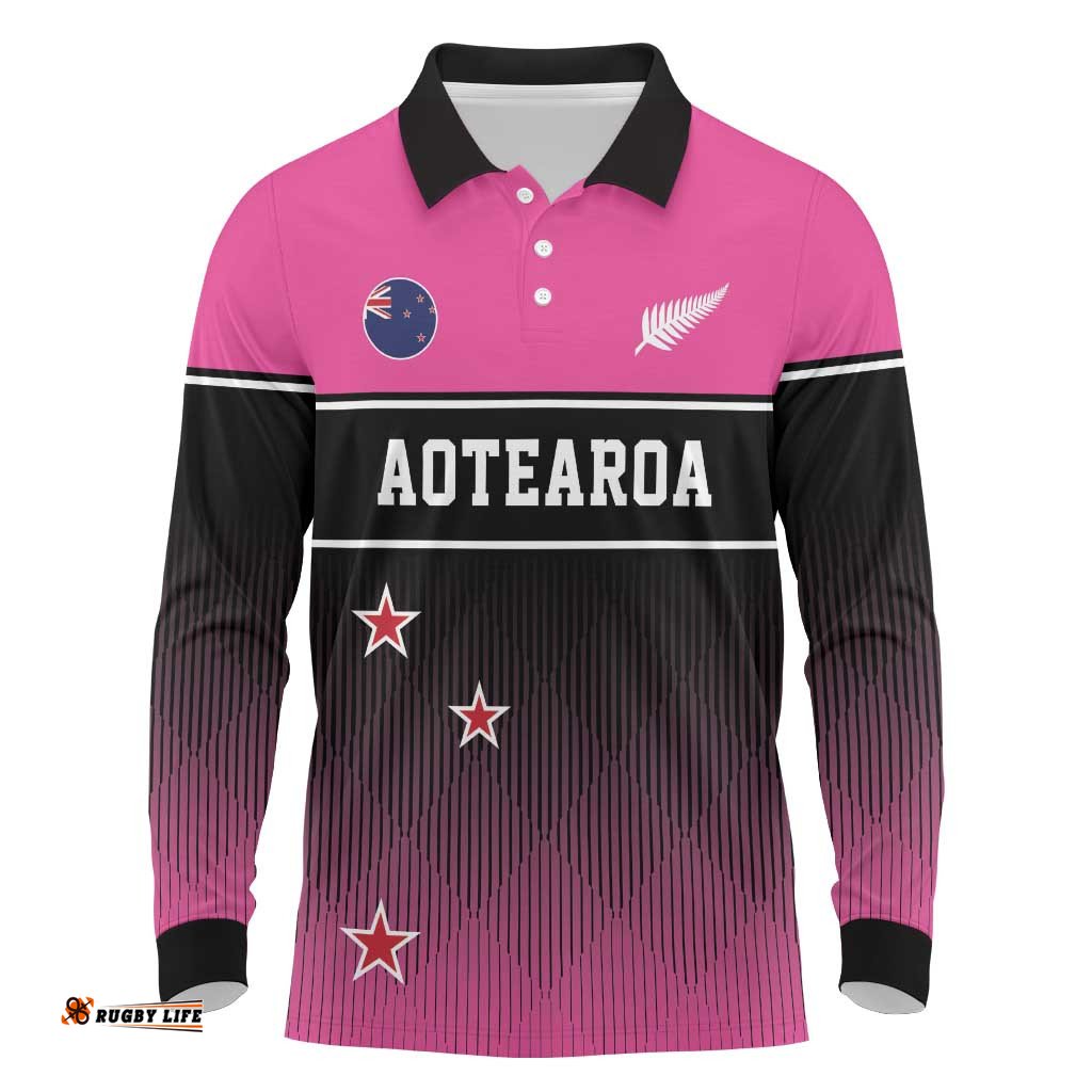 Custom New Zealand Women Cricket Long Sleeve Polo Shirt Pink Simple Style LT05