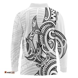 New Zealand Hammerhead Shark Long Sleeve Polo Shirt Maori Haehae Mangopare White LT14