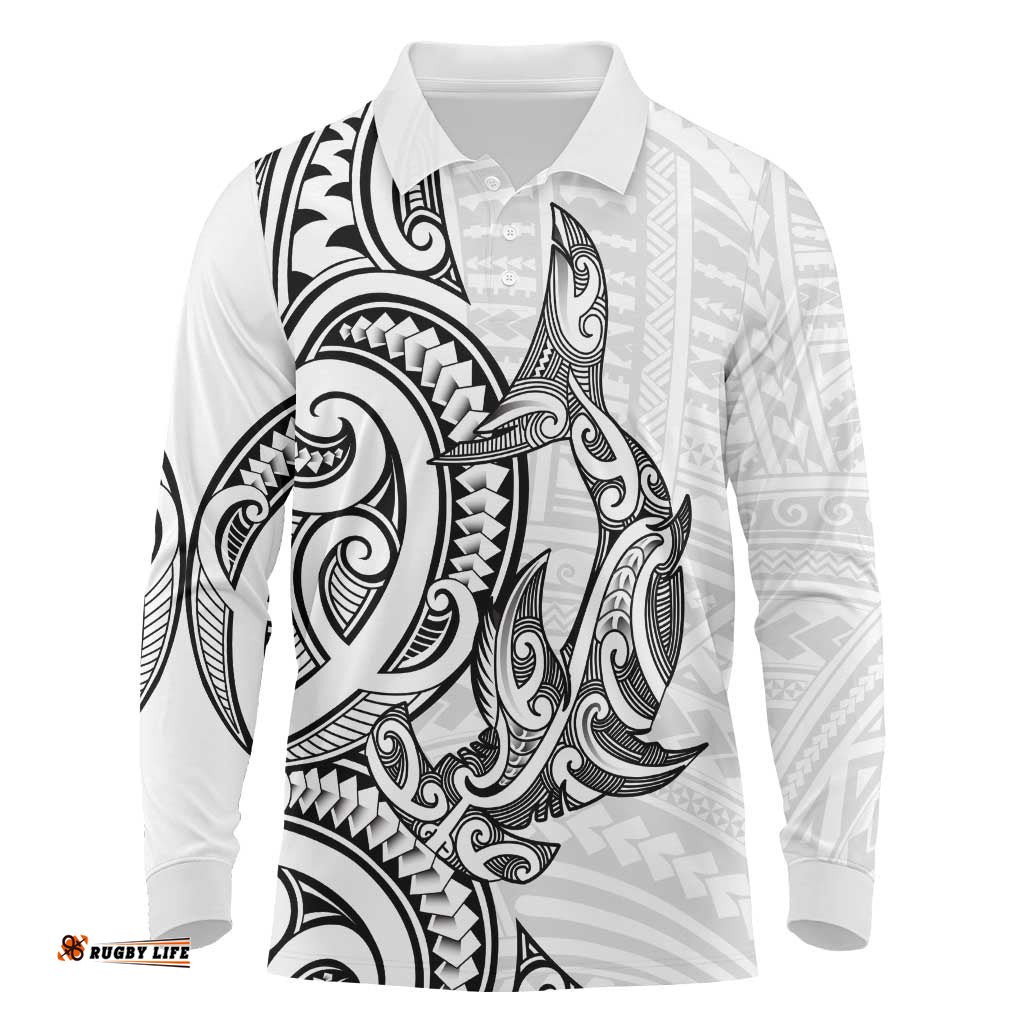 New Zealand Hammerhead Shark Long Sleeve Polo Shirt Maori Haehae Mangopare White LT14