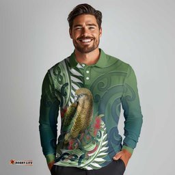 New Zealand Kea Bird Long Sleeve Polo Shirt With Maori Koru Fern LT05