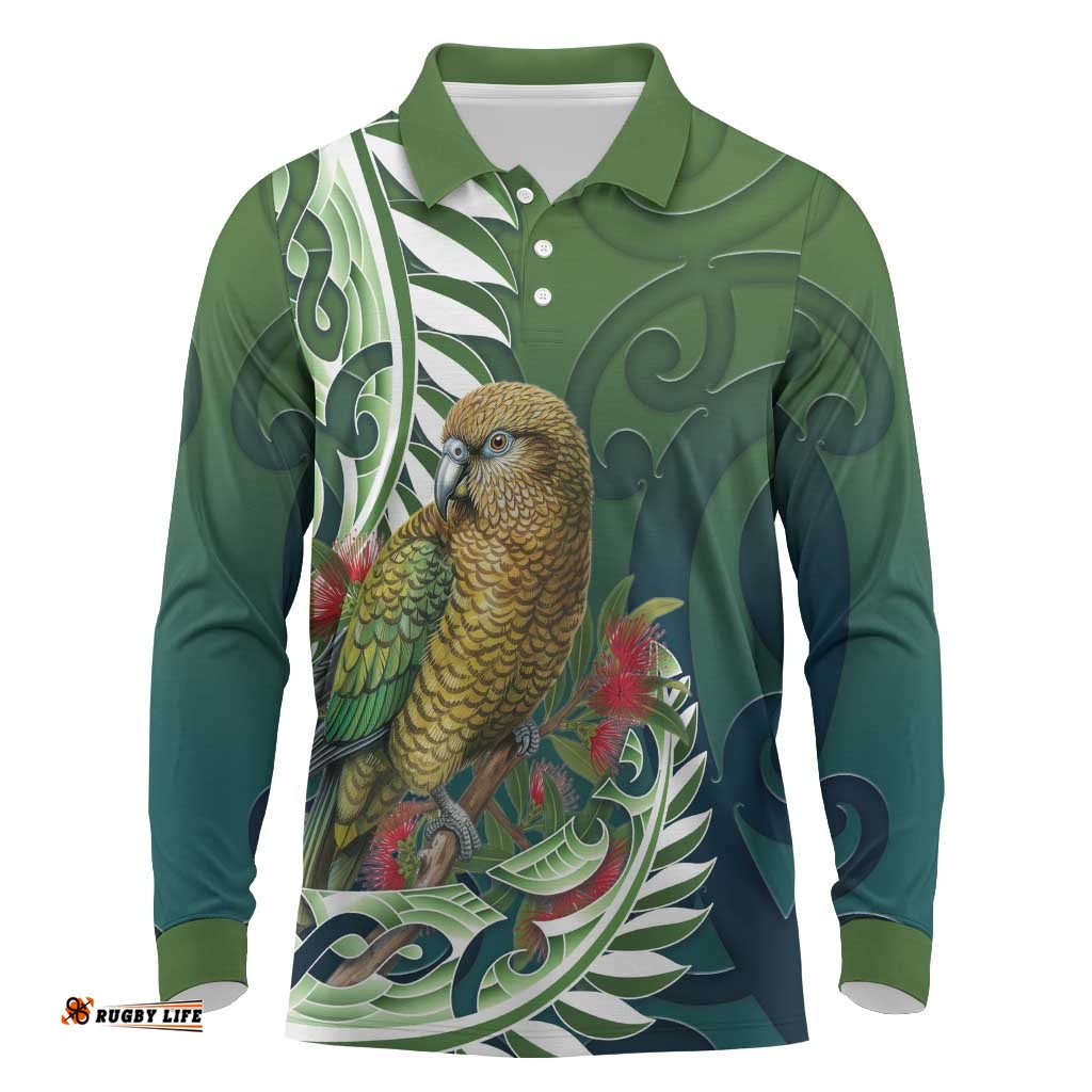 New Zealand Kea Bird Long Sleeve Polo Shirt With Maori Koru Fern LT05