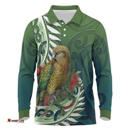 New Zealand Kea Bird Long Sleeve Polo Shirt With Maori Koru Fern LT05