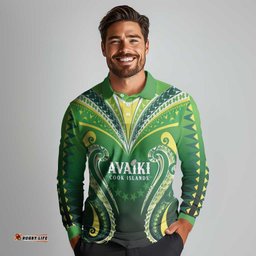 Custom Rugby Cook Islands Avaiki Long Sleeve Polo Shirt Green Kuki Airani Tribal Maori Inspired LT9