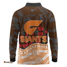 GWS Giants ANZAC Day Long Sleeve Polo Shirt Indigenous Dot Art with Poppy Flower Tribute TS04