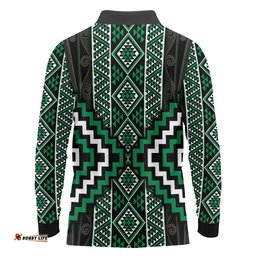Jade Tukutuku Pattern Aotearoa Long Sleeve Polo Shirt Niho Taniwha and Puhoro Motifs LT7