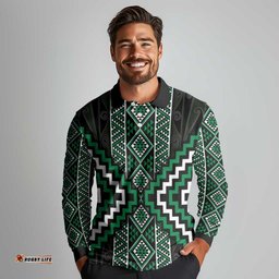 Jade Tukutuku Pattern Aotearoa Long Sleeve Polo Shirt Niho Taniwha and Puhoro Motifs LT7