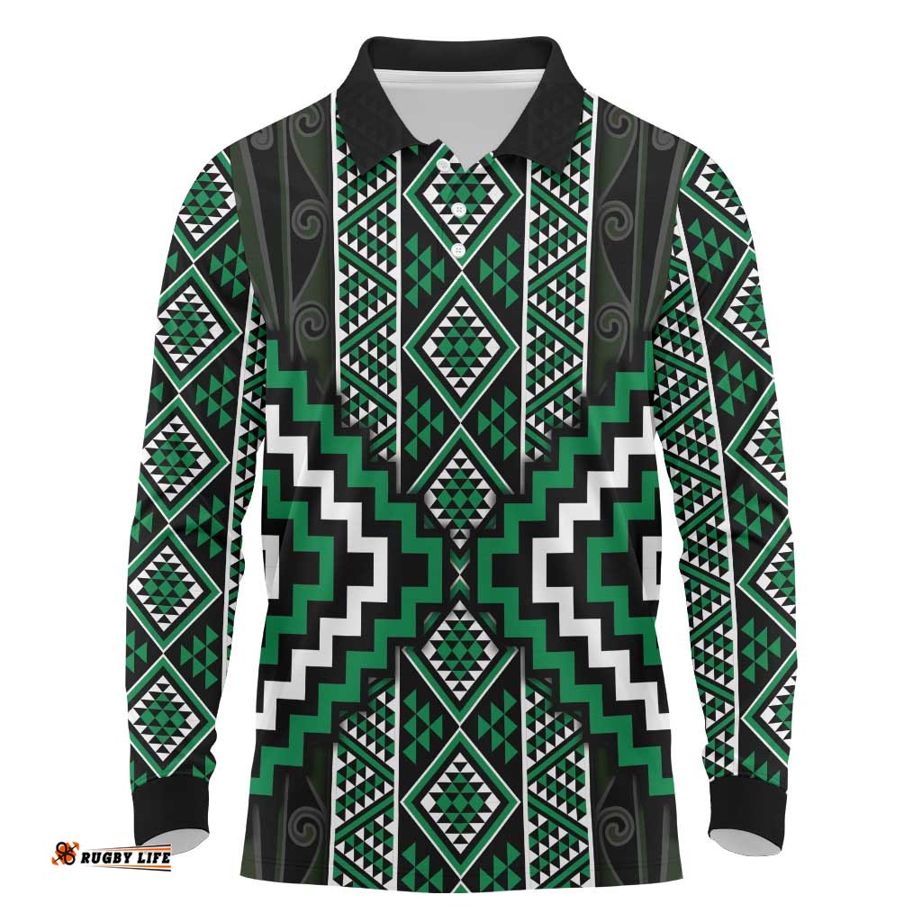 Jade Tukutuku Pattern Aotearoa Long Sleeve Polo Shirt Niho Taniwha and Puhoro Motifs LT7