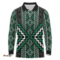 Jade Tukutuku Pattern Aotearoa Long Sleeve Polo Shirt Niho Taniwha and Puhoro Motifs LT7