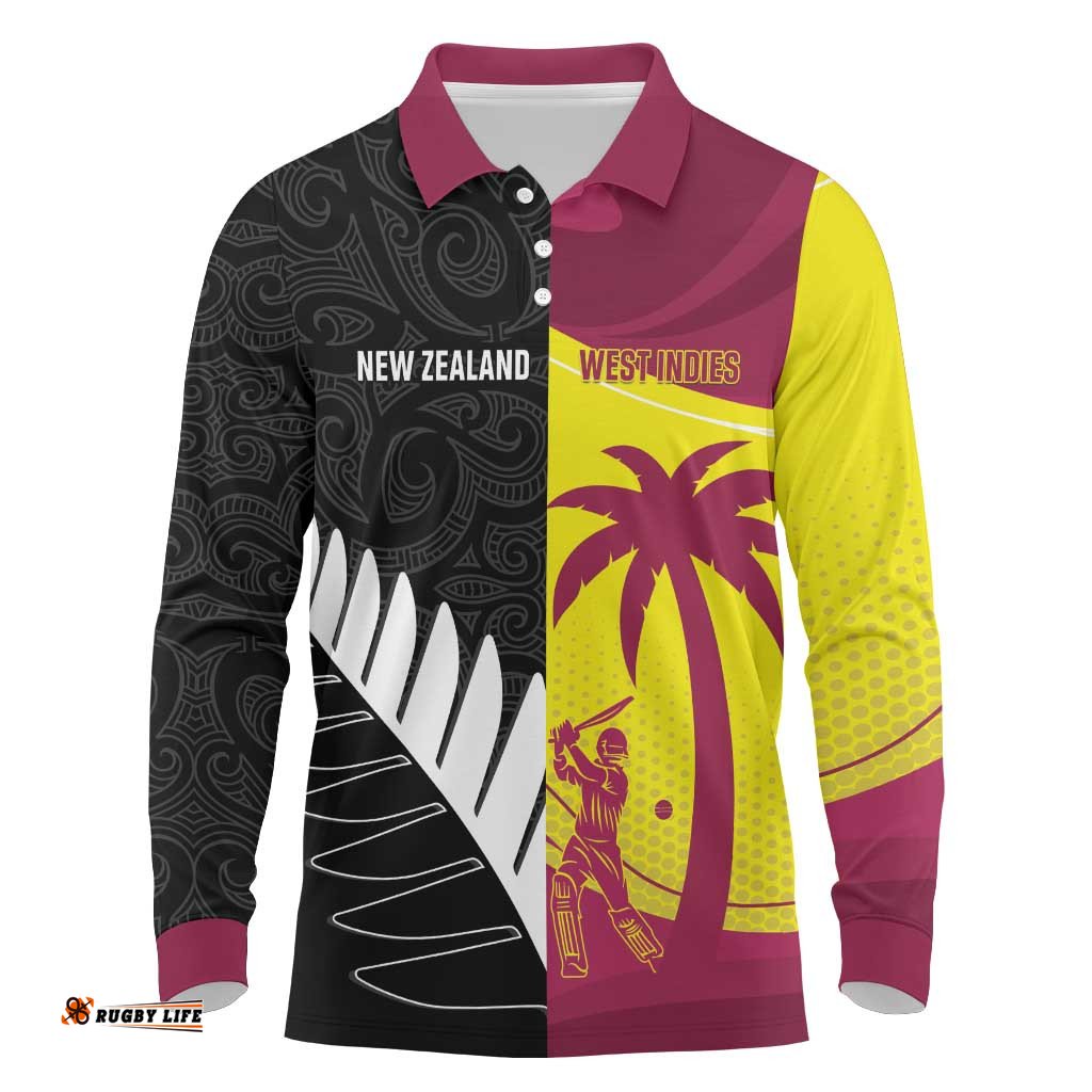 New Zealand and West Indies Cricket Custom Long Sleeve Polo Shirt Black Cap Windies Together LT14