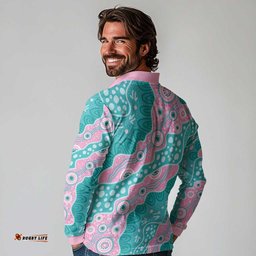 Hereditary Cancer Awareness Australia Indigenous Long Sleeve Polo Shirt Pink and Teal LT7