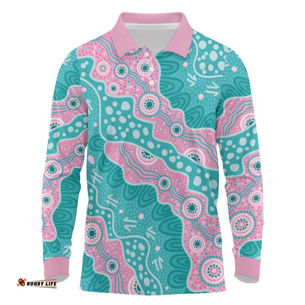 Hereditary Cancer Awareness Australia Indigenous Long Sleeve Polo Shirt Pink and Teal LT7