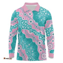 Hereditary Cancer Awareness Australia Indigenous Long Sleeve Polo Shirt Pink and Teal LT7