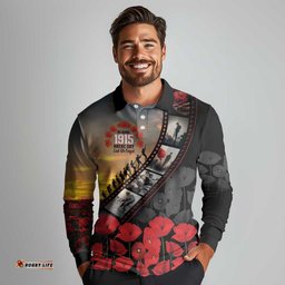 Personalised Remembering ANZAC Lest We Forget Long Sleeve Polo Shirt Vintage Film Frame Memorial Red Poppy LT9