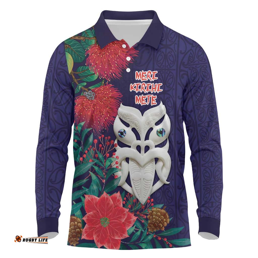 Maori Wheku Meri Kirihimete Personalised Long Sleeve Polo Shirt All Blue Indigenous Maori Motif LT9
