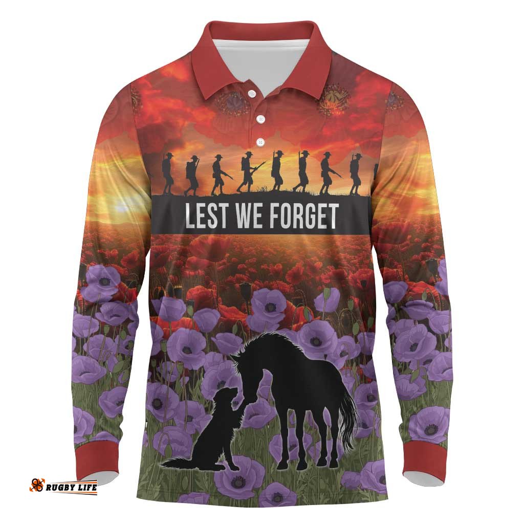 Personalised ANZAC Day Long Sleeve Polo Shirt Remembering the Animals of War LT19