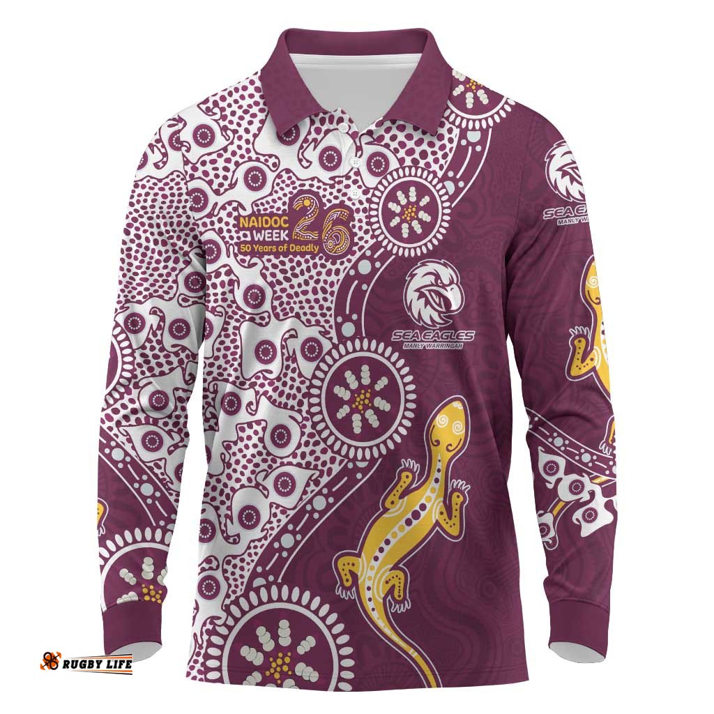 Manly Warringah Sea Eagles NAIDOC Week 2026 Long Sleeve Polo Shirt Aboriginal Lizard Dot Painting - 50 Years of Deadly TS04