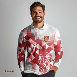 England Rugby Custom Long Sleeve Polo Shirt Crystalised Red Rose LT7