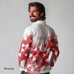 England Rugby Custom Long Sleeve Polo Shirt Crystalised Red Rose LT7