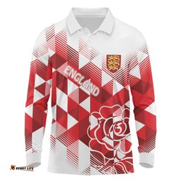 England Rugby Custom Long Sleeve Polo Shirt Crystalised Red Rose LT7