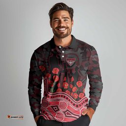 Essendon Bombers ANZAC Day Long Sleeve Polo Shirt Indigenous Dot Art with Poppy Flower Tribute TS04