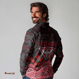 Essendon Bombers ANZAC Day Long Sleeve Polo Shirt Indigenous Dot Art with Poppy Flower Tribute TS04