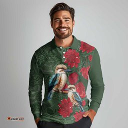 Kokaburra and Waratah Long Sleeve Polo Shirt Aboriginal Art LT9