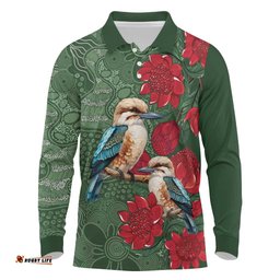 Kokaburra and Waratah Long Sleeve Polo Shirt Aboriginal Art LT9