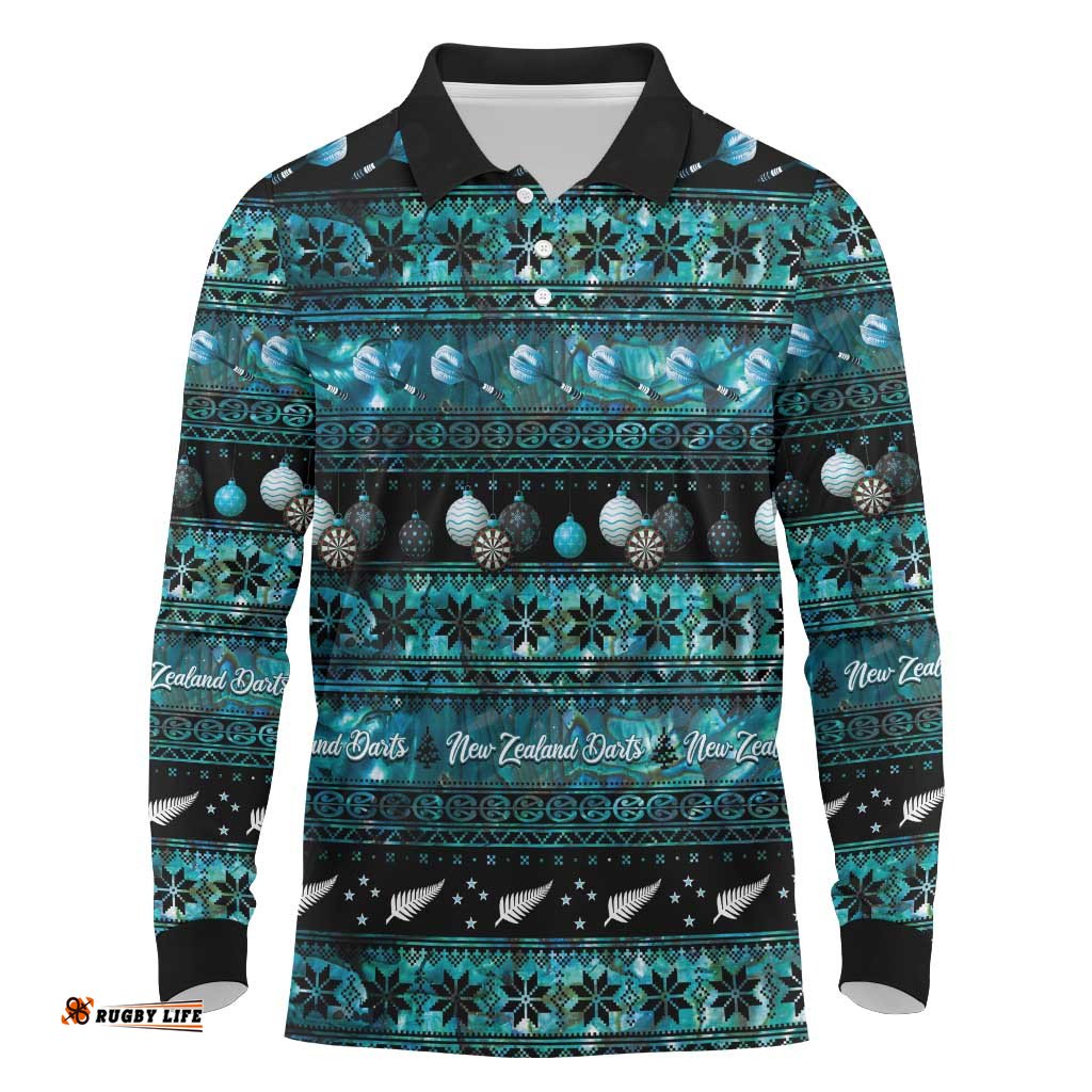 New Zealand Darts Christmas Long Sleeve Polo Shirt Merry Xmas Aotearoa Maori Paua Shell LT14