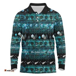 New Zealand Darts Christmas Long Sleeve Polo Shirt Merry Xmas Aotearoa Maori Paua Shell LT14