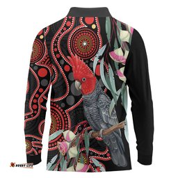 Gang-gang Cockatoo Australia Long Sleeve Polo Shirt Eucalyptus Blossoms Aboriginal Art LT14