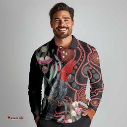 Gang-gang Cockatoo Australia Long Sleeve Polo Shirt Eucalyptus Blossoms Aboriginal Art LT14