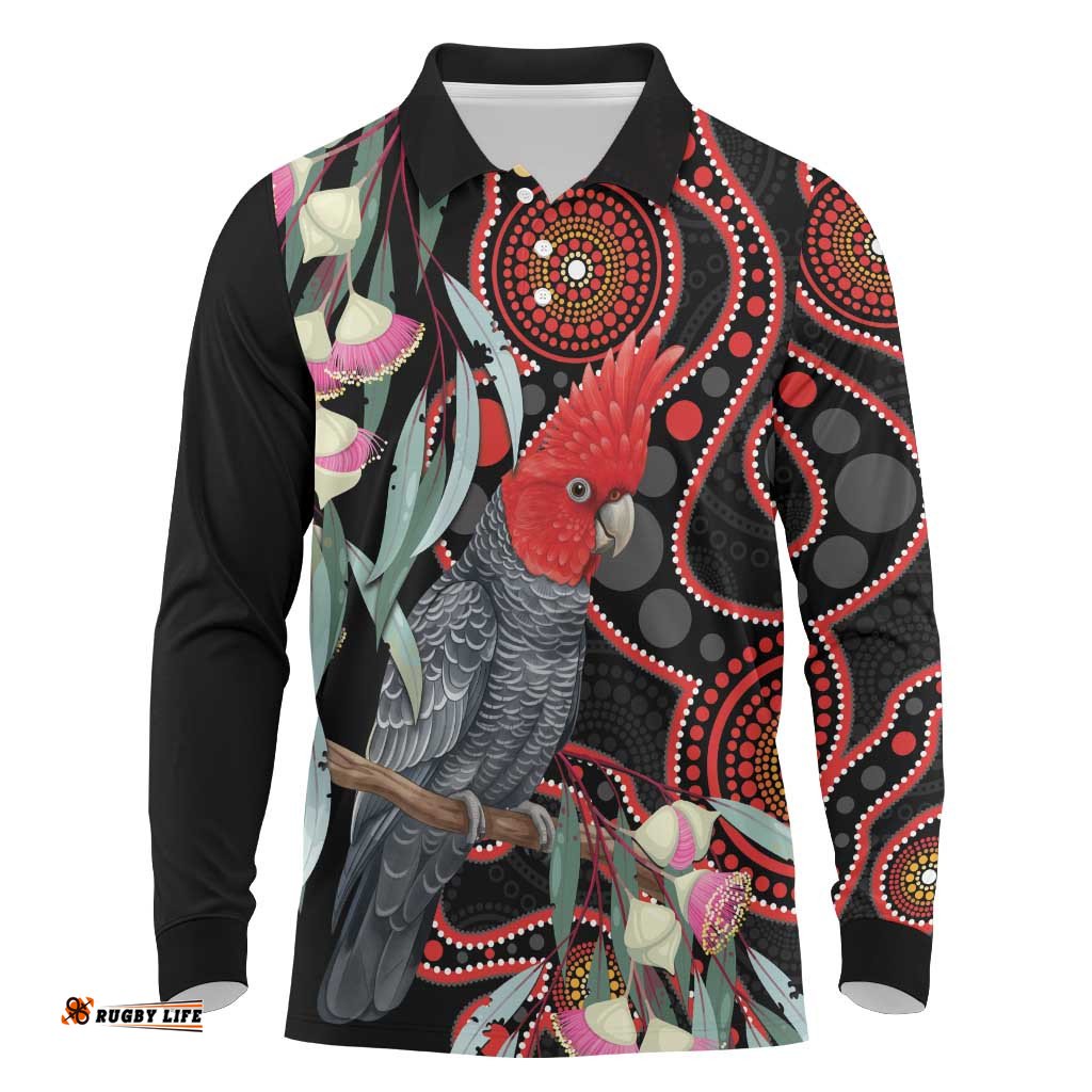 Gang-gang Cockatoo Australia Long Sleeve Polo Shirt Eucalyptus Blossoms Aboriginal Art LT14