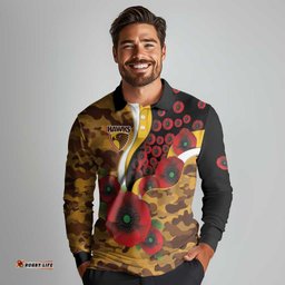 Hawthorn Hawks ANZAC Personalised Long Sleeve Polo Shirt Lest We Forget Poppy Camo LT9