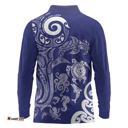 New Zealand Sea Animals with Maori Tribal Tattoo Long Sleeve Polo Shirt Blue Color LT03