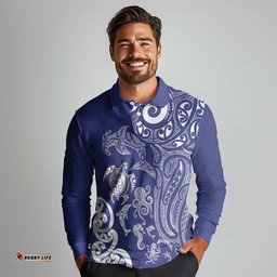 New Zealand Sea Animals with Maori Tribal Tattoo Long Sleeve Polo Shirt Blue Color LT03