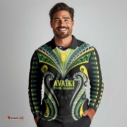 Custom Rugby Cook Islands Avaiki Long Sleeve Polo Shirt Black Kuki Airani Tribal Maori Inspired LT9