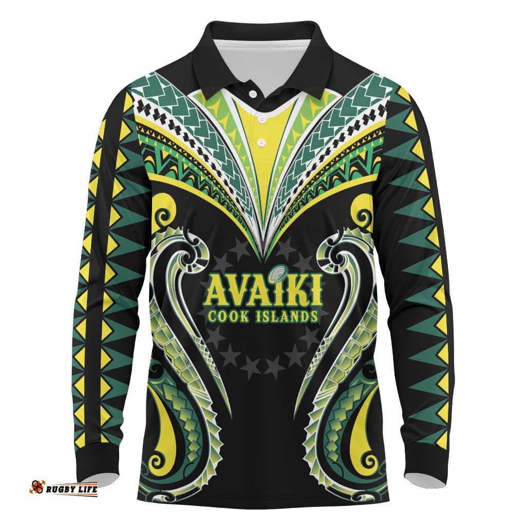 Custom Rugby Cook Islands Avaiki Long Sleeve Polo Shirt Black Kuki Airani Tribal Maori Inspired LT9