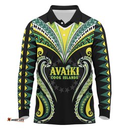 Custom Rugby Cook Islands Avaiki Long Sleeve Polo Shirt Black Kuki Airani Tribal Maori Inspired LT9