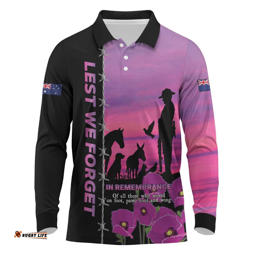 Personalised ANZAC War Animals Long Sleeve Polo Shirt Lest We Forget Memorial LT15