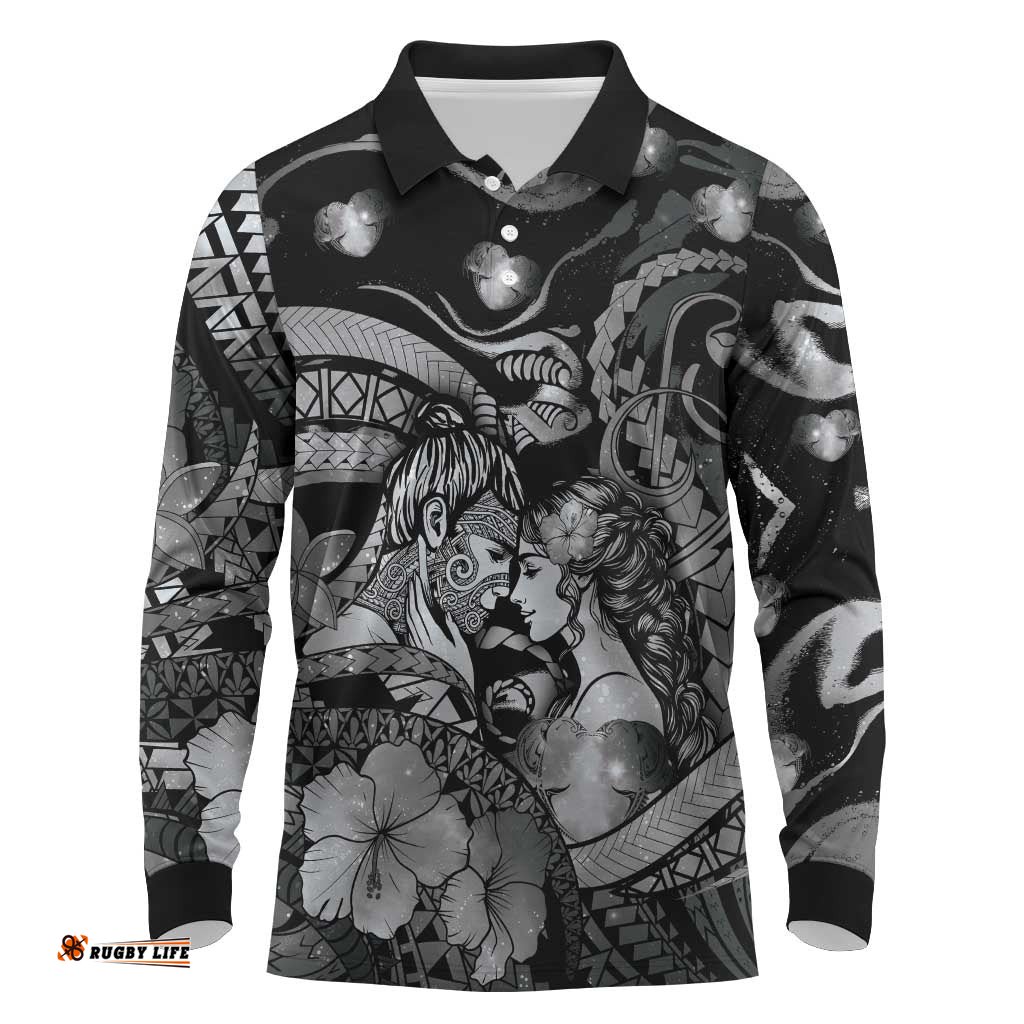 Personalised Maori Romantic Valentine Long Sleeve Polo Shirt The Hongi Kiss Black Galaxy DT05