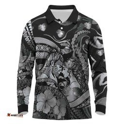 Personalised Maori Romantic Valentine Long Sleeve Polo Shirt The Hongi Kiss Black Galaxy DT05