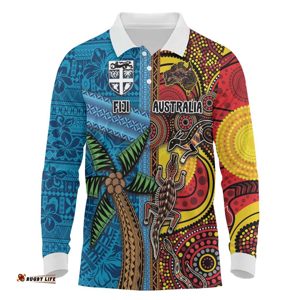 Personalised Australia and Fiji Together Long Sleeve Polo Shirt Tribal Palm Tree with Tapa and Aboriginal Animals Half Style LT03