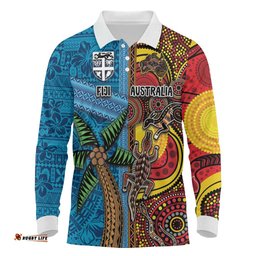 Personalised Australia and Fiji Together Long Sleeve Polo Shirt Tribal Palm Tree with Tapa and Aboriginal Animals Half Style LT03