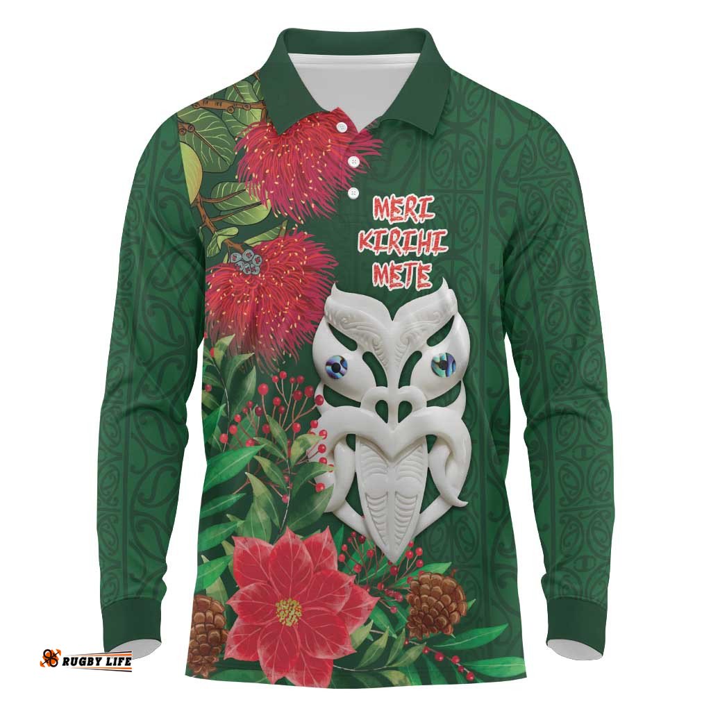 Maori Wheku Meri Kirihimete Personalised Long Sleeve Polo Shirt All Green Indigenous Maori Motif LT9