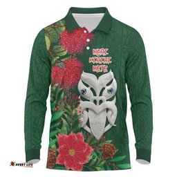 Maori Wheku Meri Kirihimete Personalised Long Sleeve Polo Shirt All Green Indigenous Maori Motif LT9