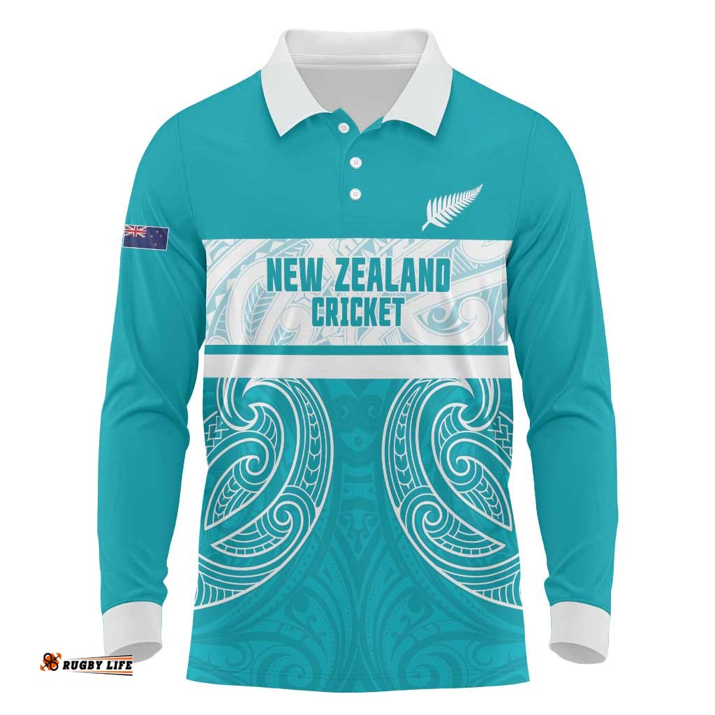 New Zealand Silver Fern Cricket Custom Long Sleeve Polo Shirt Black Cap Teal Maori Pattern LT14